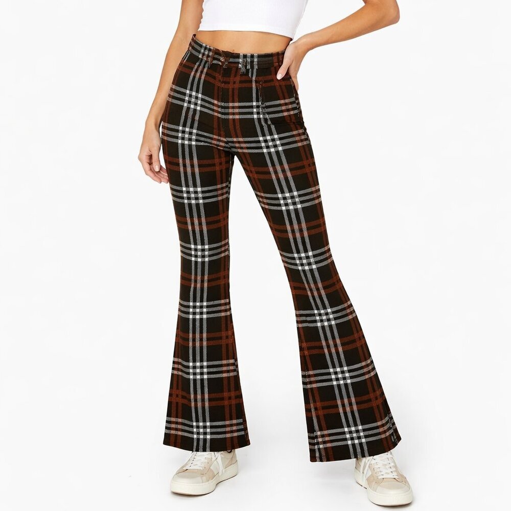 American Eagle Plaid Bootcut Flare Pants | Super High Rise | Black & Brown